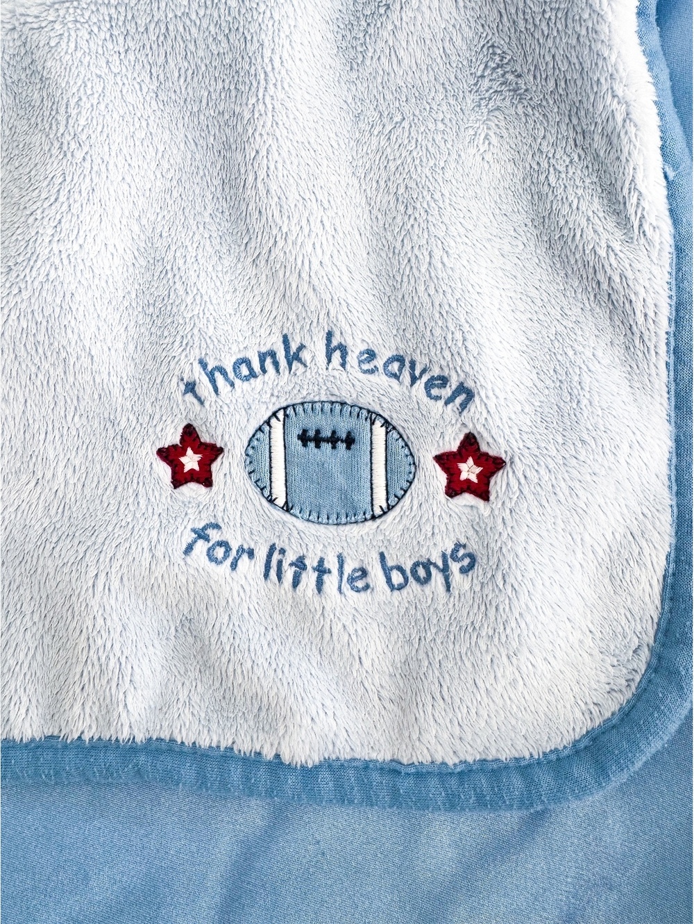 Thank Heaven for Little Boys Football Baby Blanket Blue White Embroidered - Picture 3 of 3
